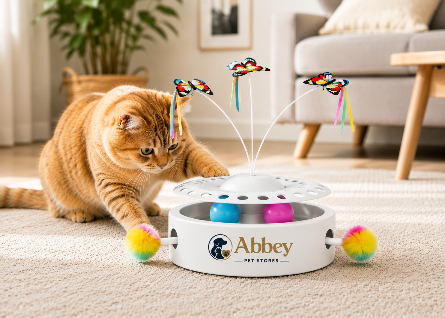 Abbey Pet Stores Interactive Butterfly Cat Toy with Rolling Ball Track – White - Image 2