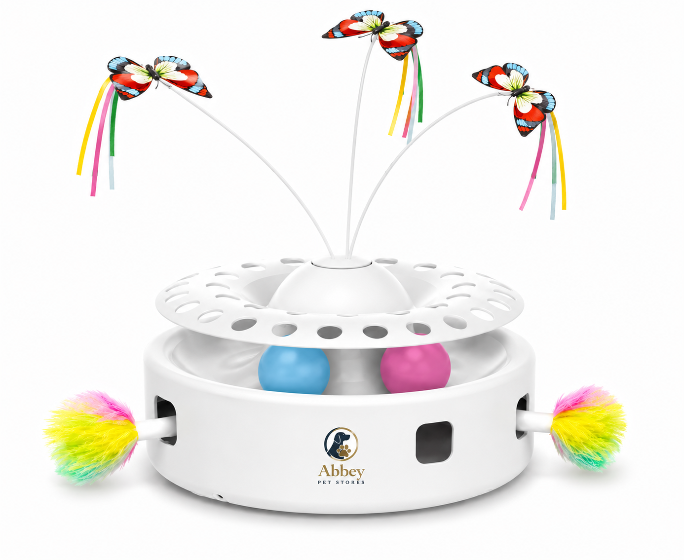 Abbey Pet Stores Interactive Butterfly Cat Toy with Rolling Ball Track – White