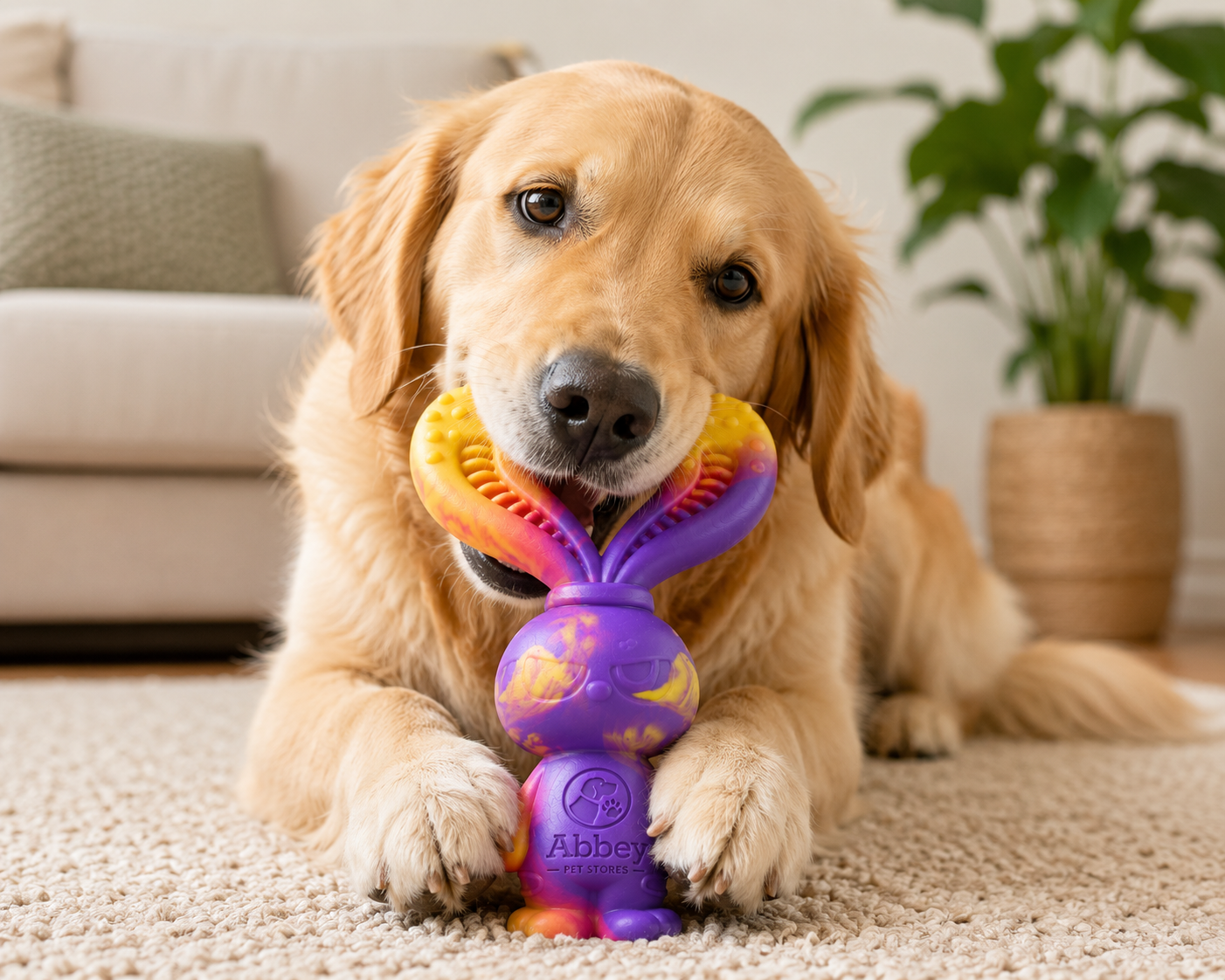 Abbey Pet Stores Rabbit Shaped Rubber Chew Toy for Dogs – Purple & Yellow - Image 4
