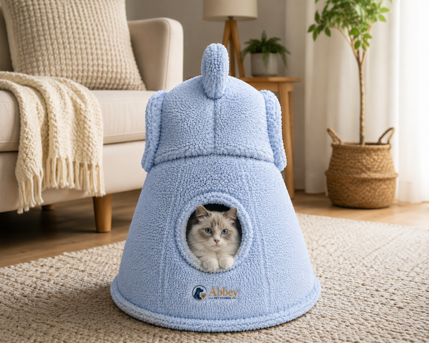 Abbey Pet Stores Soft Plush Pet Cave Bed with Ears for Cats & Small Dogs – Light Blue - Image 4