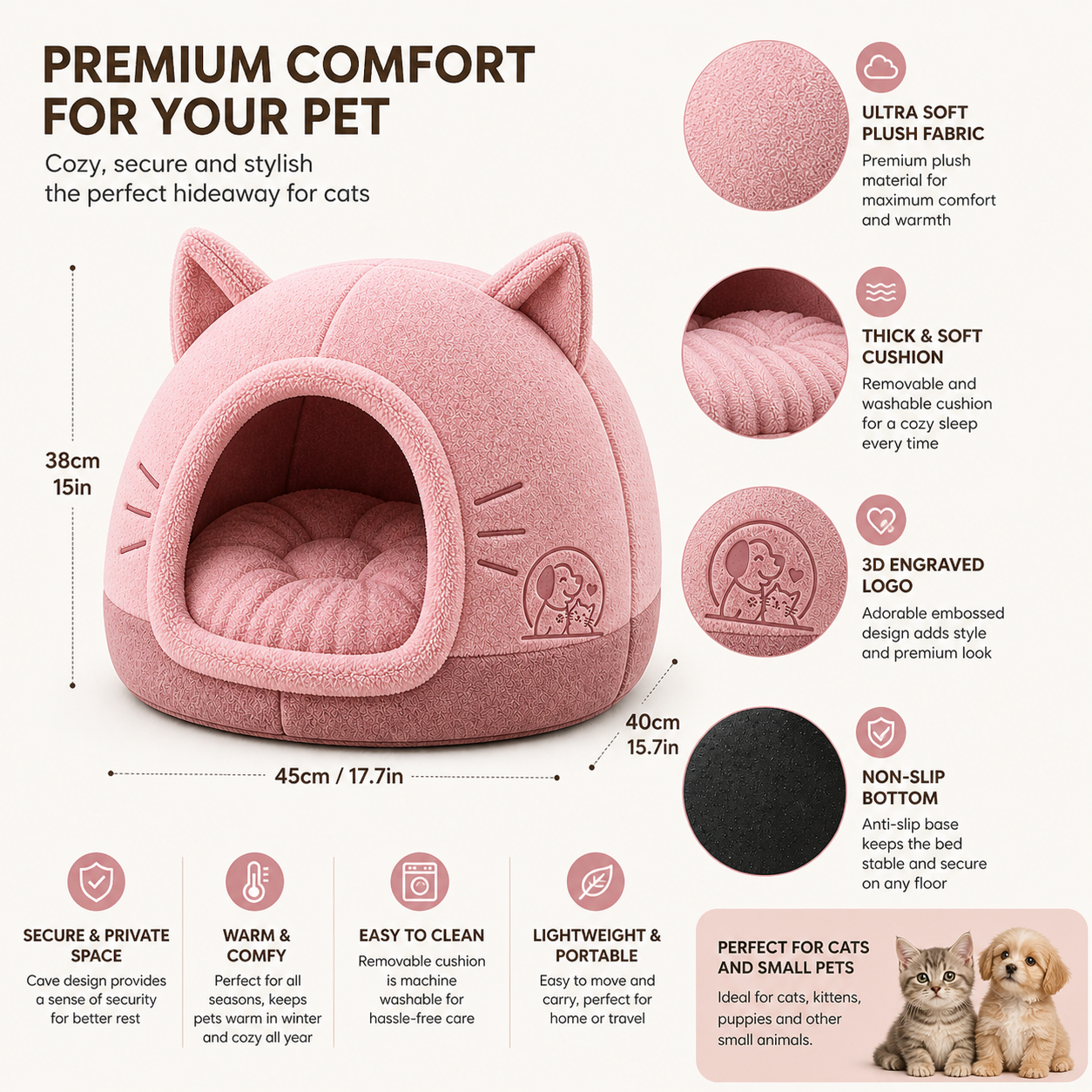 Plush Cat Cave Bed – Soft Enclosed Pet House for Warm Comfort - Image 6