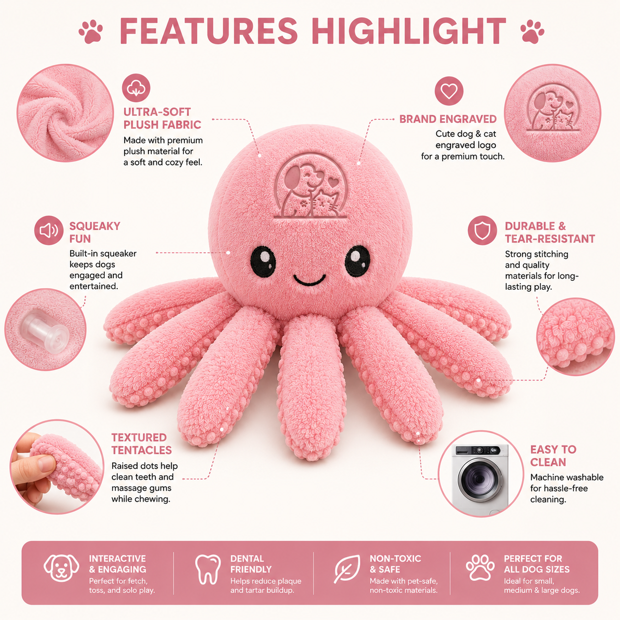 Premium Plush Octopus Dog Toy – Soft, Durable & Squeaky Interactive Toy - Image 4