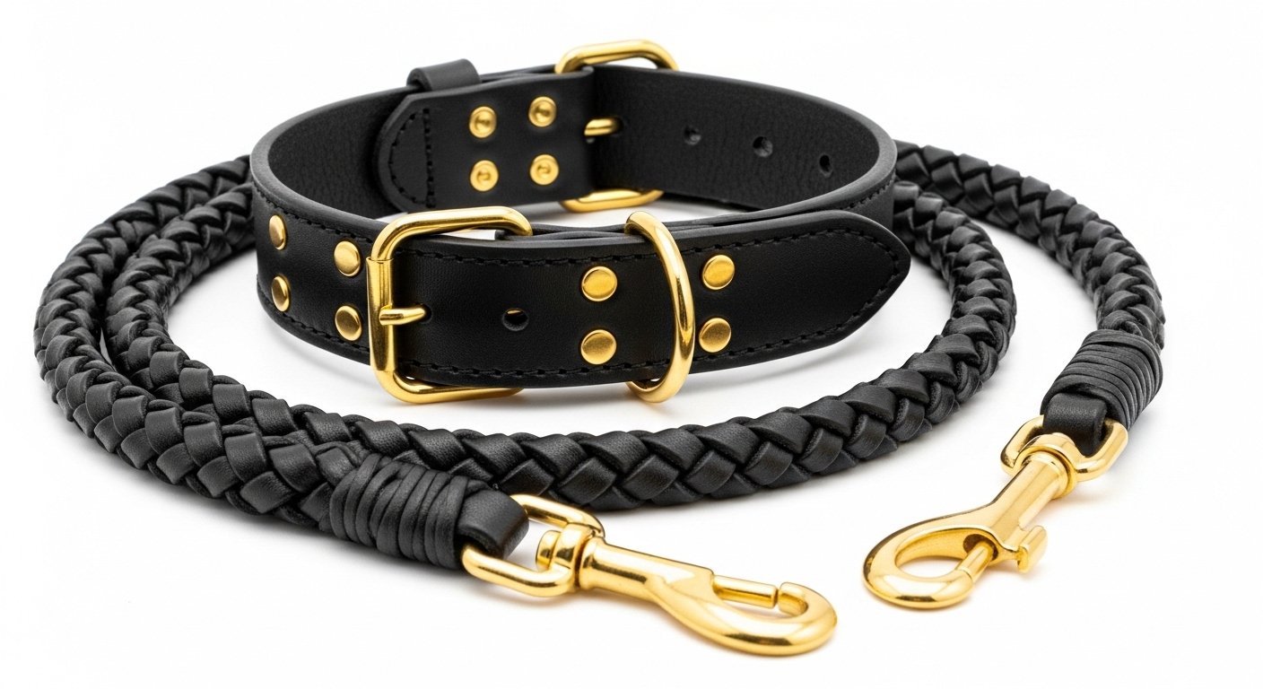 Premium Genuine Leather Dog Collar & Lead Set – Braided Heavy Duty Leash